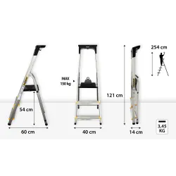 Échelle PRO en aluminium avec plateforme, 3 marches, 150 kg